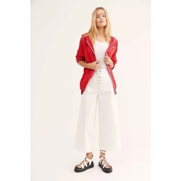 Free People In Bloom Oversized Textured Sweater Knit Zip Up Hoodie Red Hot Large - Picture 2 of 16